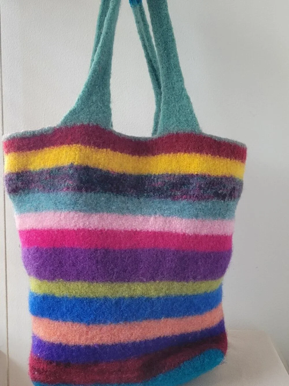 Colorful Felted Wool Tote Bag Rainbow Stripe Shoulder Bag Boho Artisan NWOT